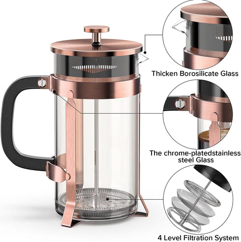 QUQIYSO French Press Coffee Maker, 34oz 304 Stainless Steel with 4 Filter, Borosilicate Glass, Easy to Clean, Copper