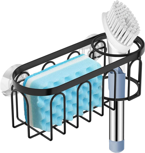 Yazoni 2-in-1 Sponge Holder for Kitchen Sink, Suction Cup Rack, Rustproof Organizer for Dishwashing Brush & Soap (Black)