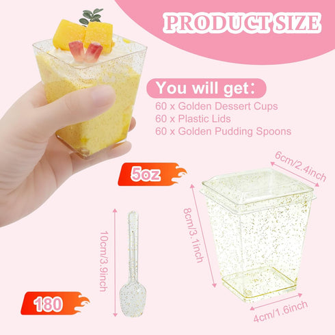 180 Pack 5Oz Gold Glitter Dessert Cups with Lids and Spoons Plastic Square Yogurt Parfait Appetier Cups for Party