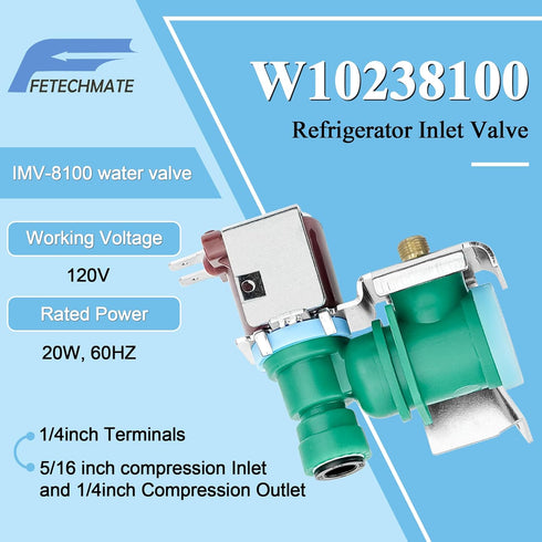 W10238100 W10498992 WPW10238100 Refrigerator Water Inlet Valve Fit for Whirl-pool Replaces for W11451511 W11512399 1872938 AP6017532 PS11750831 K-77473 Refrigerator Water Solenoid Inlet Valve Pump