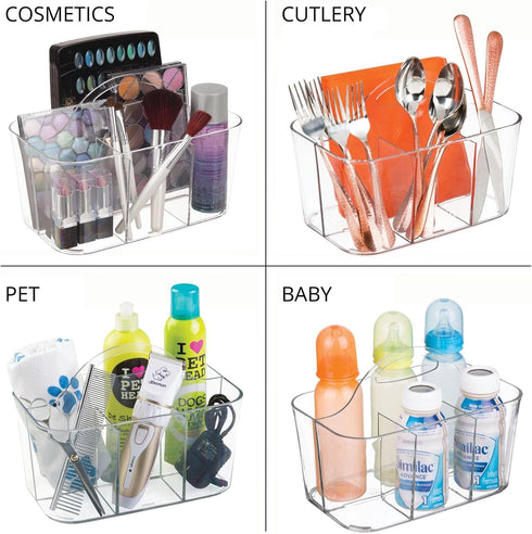 mDesign Clear Plastic Cutlery Storage Organizer Caddy Bin Tote with Handle - Divided Pantry Basket for Forks, Knives,