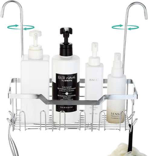 Small Shower Caddy Hanging with Rotatable Hooks, Adhesive Mount, Spacious Bathroom Storage Solution, 304 Stainless Steel