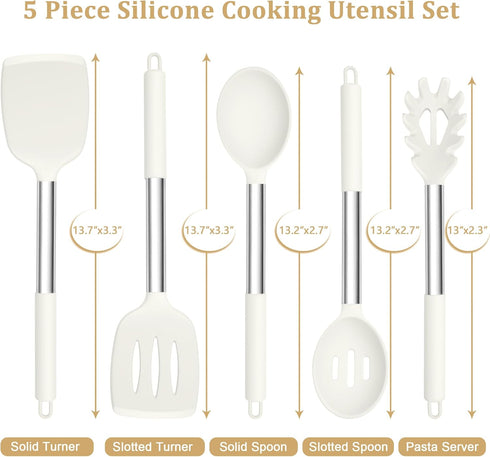 TeamFar Cooking Utensils Set, 5 Pcs Silicone Kitchen Utensils with Stainless Steel Handle, for Nonstick Cookware Flipping Frying Turning Draining, Heatproof & Healthy, Healthy & Easy Clean, White by TeamFar
