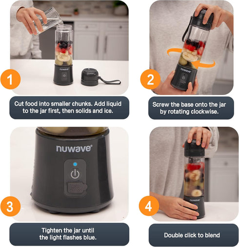 Nuwave Obsidian Gray Portable Blender, Personal USB-C Rechargeable Blender with 6-Piece Blade for Crushing Ice, 18 Oz