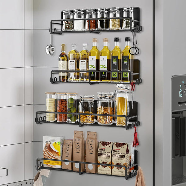 Magnetic Spice Rack for Refrigerator, 4 Pack Fridge Shelf with Hooks, Kitchen Organization and Storage Gadgets