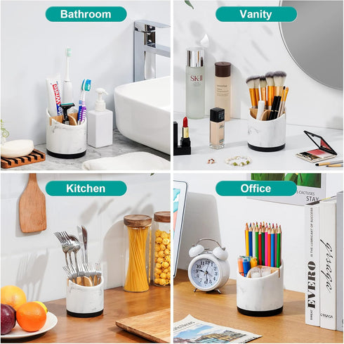 VITVITI Toothbrush Holders for Bathrooms, 3 Slots Marble Look Organizer for Sink/Vanity, White Resin with Bamboo