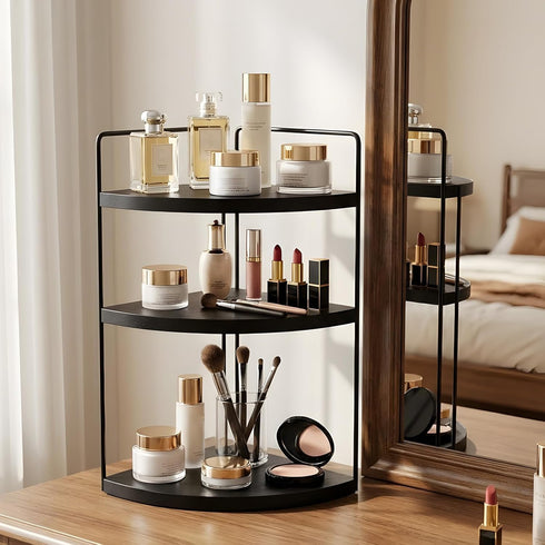 ReeyderArt Counter Countertop 3-Tier Corner Bathroom Organizer Black, Corner Shelf Wood Vanity Tray Easy Assembly Space