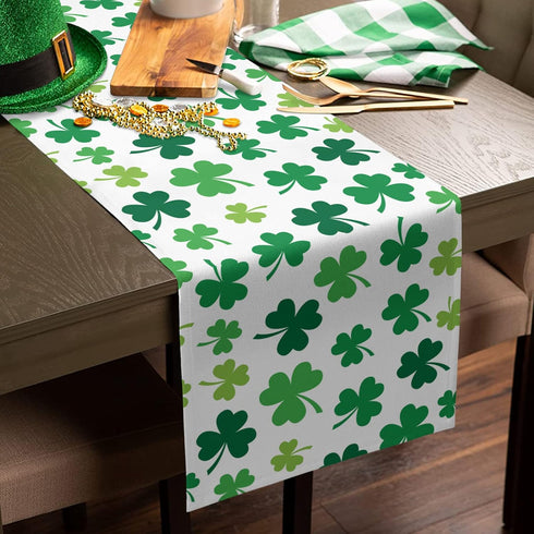 St Patrick's Day Green Shamrocks/Clover Table Runners, 13" x 70" Long Cotton Linen Non-Slip Rectangle Dresser Scarves