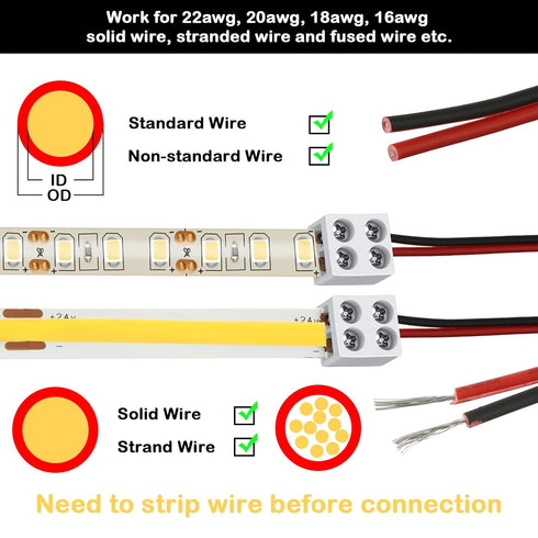 25 Pack Solderless LED Tape Light Connector, 2 Pin Terminal Block for 5V 12V 24V Single Color LED Strip Lights