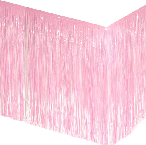 Allgala Macaron Pink Tinsel Table Skirt 2-Pack 29x108 Inch Metallic Foil Fringe Table Skirts for Party Event Decoration