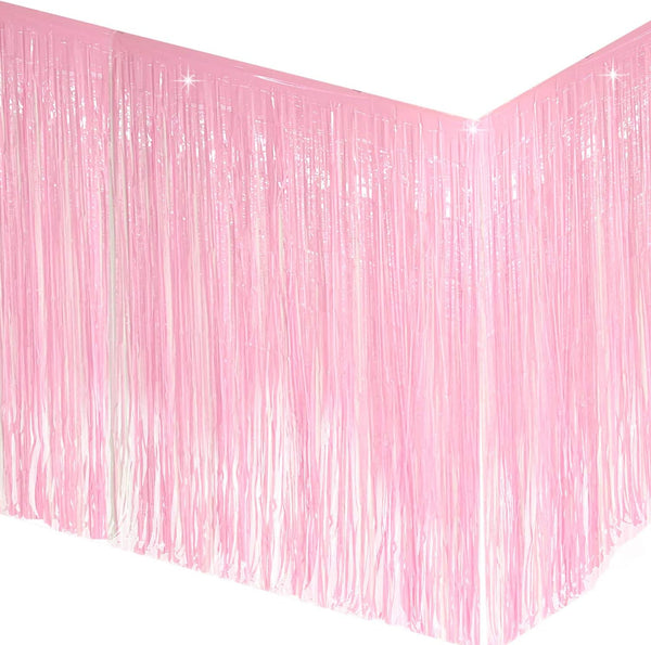 Allgala Macaron Pink Tinsel Table Skirt 2-Pack 29x108 Inch Metallic Foil Fringe Table Skirts for Party Event Decoration
