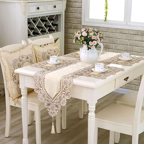 15" 69" X Vintage Flower Embroidered Table Runner, Classic Polyester Lace Cream Floral Dresser Scarves Party Dining
