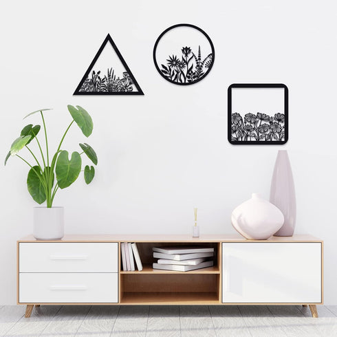3 Pieces Geometry Wall Art, Dark Black Wooden Floral Wall Decor for Home Dining Room Christmas Favor