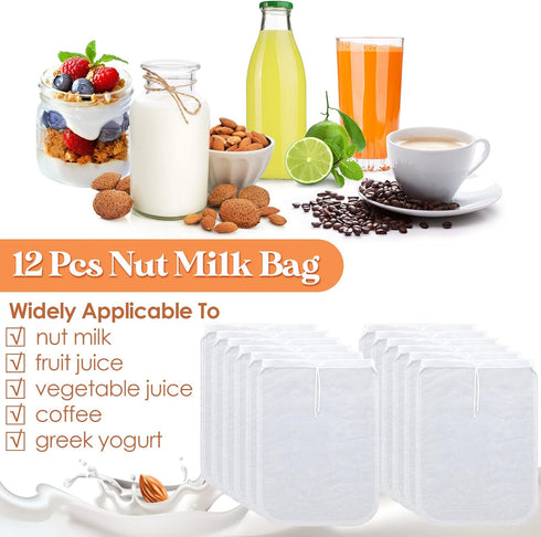 12 8 12 Inch Tudomro Pcs Nut Milk Bag Reusable Food Safe Nylon Bag Strainer Nut Milk Mesh for Straining Almond, Coffee