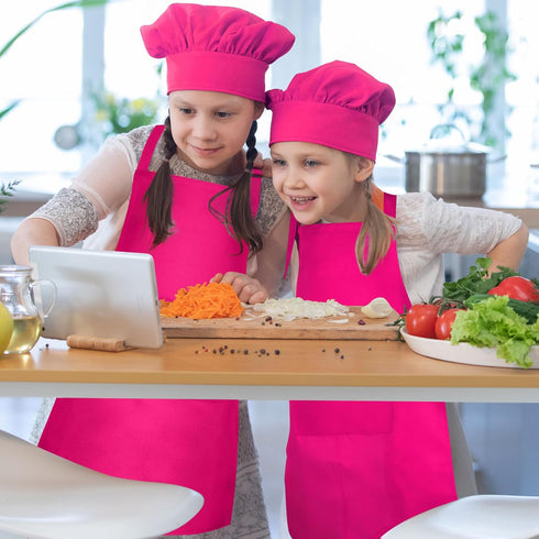 Adjustable Kids Apron and Chef Hat Set, Children Cooking Apron with 2 Pockets for Baking and Painting