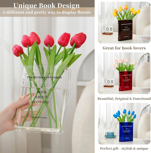 Puransen Clear Book Flower Vase - Floral Bookshelf Decor, Acrylic Flower Holder & Space-Saving Organizer, Modern Home