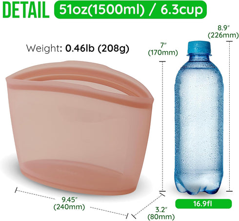 6 51oz, Reusable Silicone Food Storage Bag, Cups, Large Container, Made in Korea BPA-Free Platinum Silicone