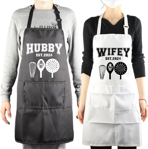 MBMSO Hubby Wifey Cooking Aprons for Couples Apron Sets Hubby and Wifey Est.2024 Wedding Gift for Newlywed His and Hers Apron