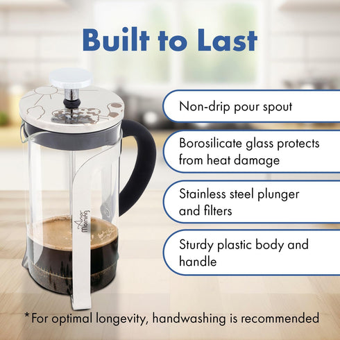Any Morning 11 oz French Press Coffee and Tea Maker, Silver with Triple Stainless Steel Filters & Borosilicate Glass