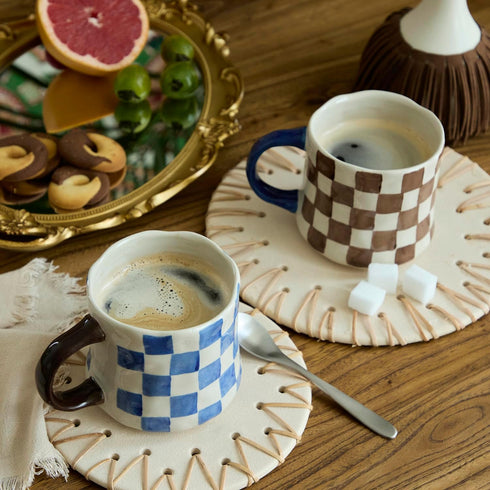16Oz Home-4pack Retro Checkered Ceramic Coffee Mug - Extra Large Handle, Microwave Safe Vintage Patterned Tea Cup