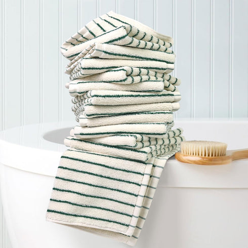 12 Pack, 13 13 Jacquotha Striped Cotton Washcloths x - Soft Wash Cloths for Bathroom, Kitchen, Gym, Face, Green