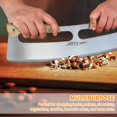 ALLTOP Pizza Cutter Rocker, Large Stainless Steel Blade Knife with Double Wooden Handle & Plastic Cover, Essential