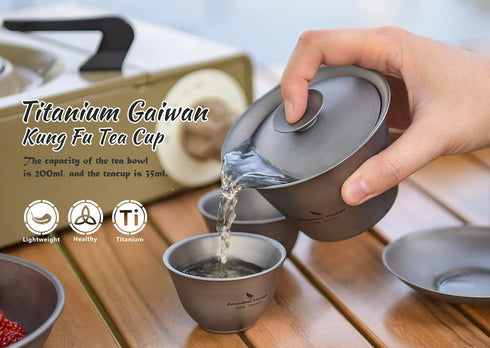 200ML Set 3 35ml Set Ti3124D iBasingo Titanium Gaiwan Kung Fu Teacup with Lid and Saucer Lightweight Portable Chinese