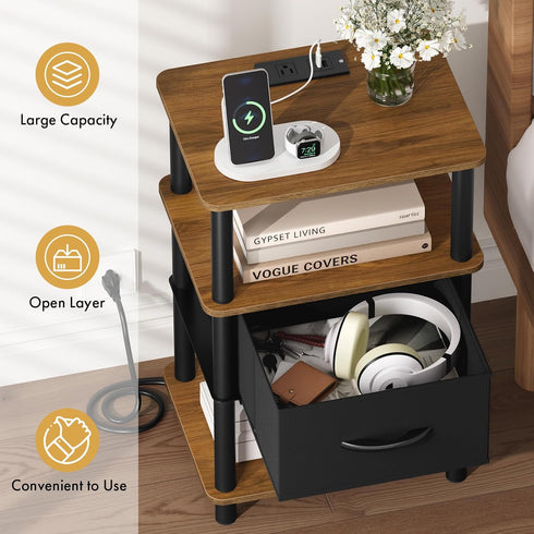 3-Tier 2-Min Bedroom Nightstand with Charging Station, Bedside Table with Adjustable Fabric Drawer, Night Table