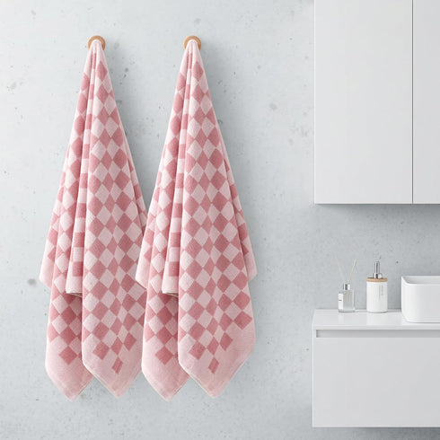 2 Set 27x55 600GSM REDKISS Piece Pink Checkered Bath Towels - Highly Absorbent Pink Cotton Towels for Bathroom