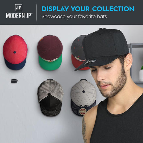 Modern JP 8-Pack Adhesive Hat Hooks for Wall, Minimalist Design, No Drilling, Strong Hold Hat Hangers, Black