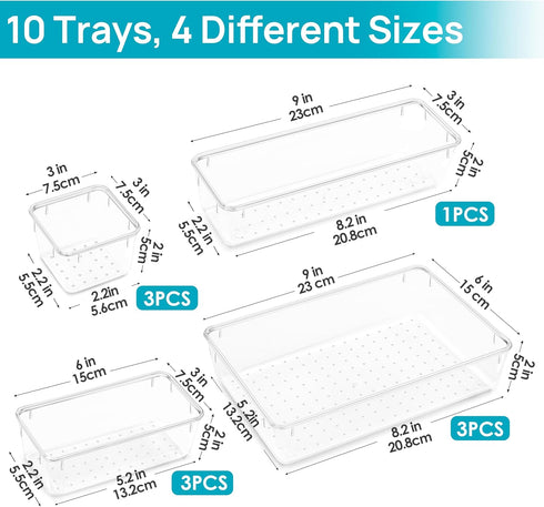 Vtopmart 10 Pcs Clear Acrylic Drawer Organizer Set, 4 Size Vanity Storage Bins for Bathroom, Jewelry, Cosmetics, Gadgets