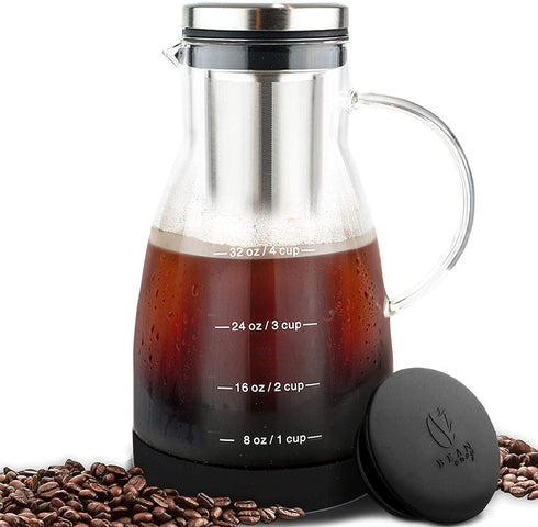 Bean Envy Cold Brew Coffee Maker - 32 oz Glass Iced Tea & Coffee Maker with Silicone Cap & Base