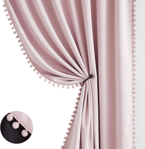 63inch 100% 2pcs 52"w Pom-pom Pink Blackout Curtains for Bedroom Length Energy Efficient Full Blackout Window Panels