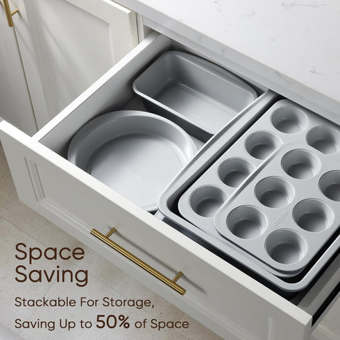 7-Piece Set Sets CAROTE Nonstick Stackable Baking Pans - Bakeware Including Cookie Sheets for Baking, Muffin Pan, Bread
