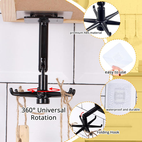 4 Pieces 360 Rotating Folding Hook, Multi-Purpose Self-Adhesive Utensil Holder with 6 Hooks for Kitchen Bathroom