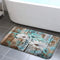 Farmhouse Floral Flower Bath Mat, Teal Daisy Rustic Wooden Plank Non-Slip Soft Doormat for Indoor Outdoor