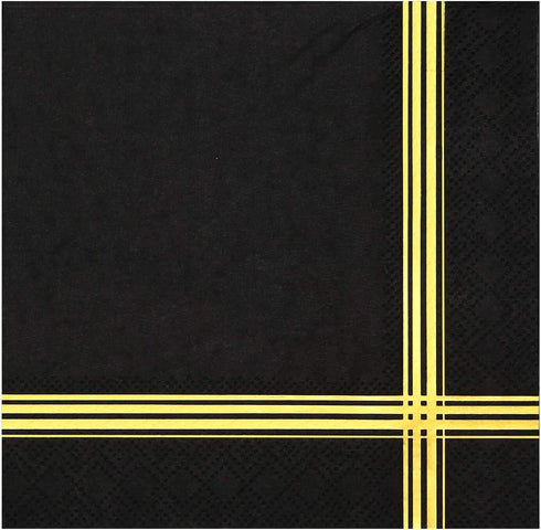 50 Black Gold 3-ply Cocktail Napkins, 5 x 5 Inches, Gold Foil Trim Stripe Bar Napkins for Wedding, Birthday, Graduation