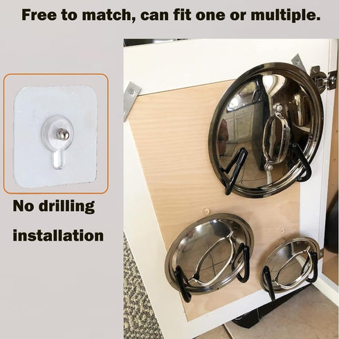 Set of 4 Self Adhesive Pan Pot Lid Holders, Cabinet Door/Wall Mount Storage Organizer for Lids Up to 11 Inches.