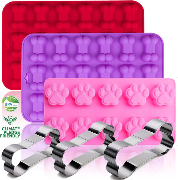 Silicone Molds, Puppy Dog Paw and Bone Molds for Baking, Chocolate Molds, Silicone Dog Treat Mold - 6 Pack