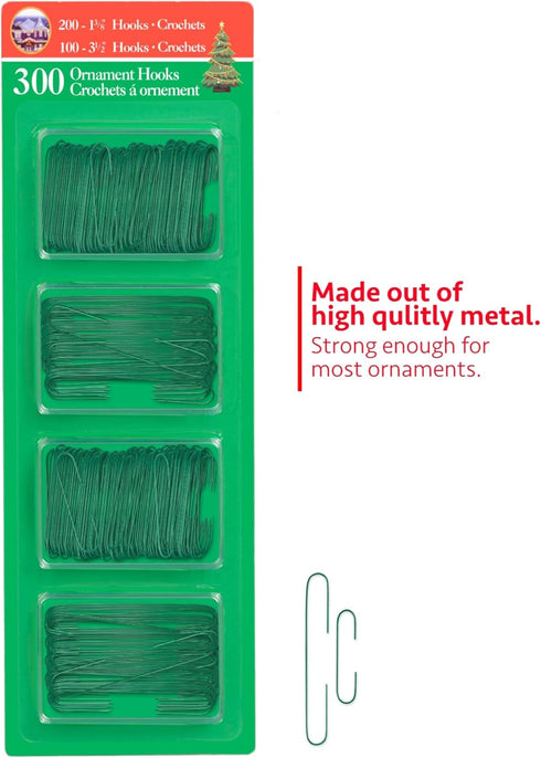 R’ND’s 300 Pack Christmas Tree Ornament Hooks - Metal Wire Hangers for Decorating (Green)