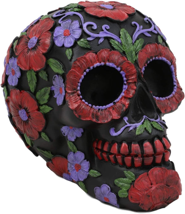 Ebros Black Day of The Dead Sugar Skull Figurine, 6" Long Floral Blooms Statue, Halloween Macabre Decor Collectible