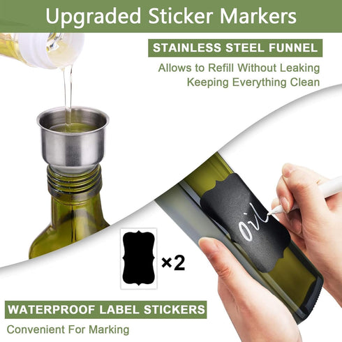 Leaflai 1 Set 2 2Labels,1 1 17 oz(500ml) Olive Oil Dispenser Bottle, Pcs Green Glass Olive Oil Dispenser and Vinegar