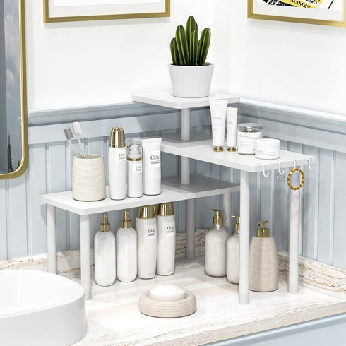 JayRex 3 Tier Adjustable Bamboo Bathroom Organizer, Countertop Shelf for Makeup, Dresser Table, White