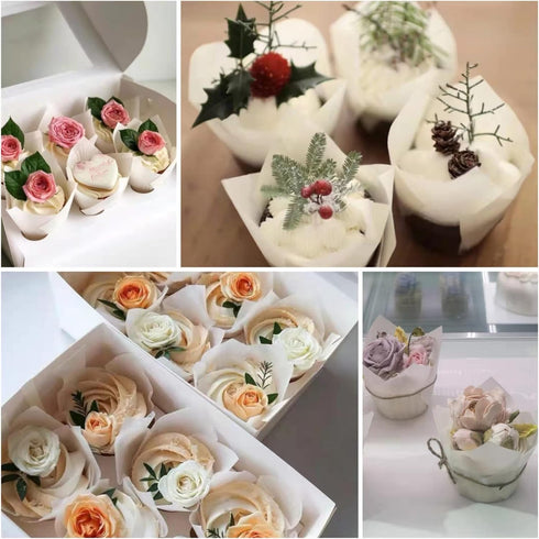 Large White Tulip Baking Cups, 2-1/4" Base Diameter x 4" Wall Height, Greaseproof Paper Muffin Liners, 130 pcs