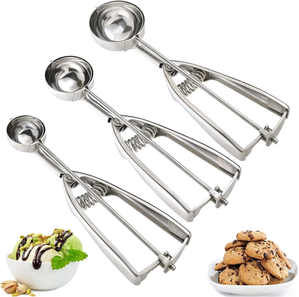 Ice Cream Scoop, 3Pcs Cookie Scoop Set, 18/8 Stainless Steel Cookie Dough Scoops with Trigger Release for Baking