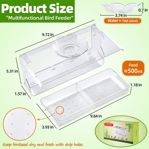 Window Bird Feeder with Non-Marking Self-Adhesive Hooks - Clear Transparent Bird House for Outside
