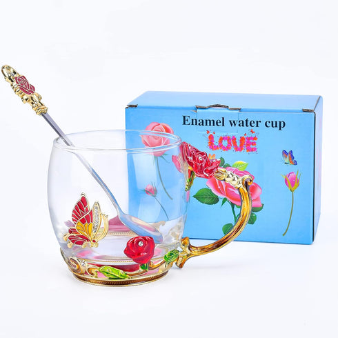 OEAGO Butterfly Rose Glass Coffee Mug Set for Mom - Lead-Free Enamel, Perfect Birthday & Mother's Day Gift from