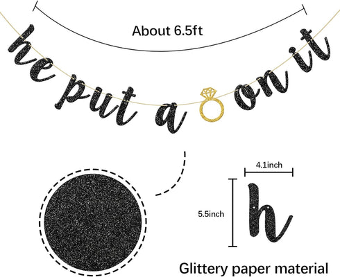 He Put A Ring On It Banner, Black Glitter Engagement Party Decoration Sign for Wedding & Bridal Showers