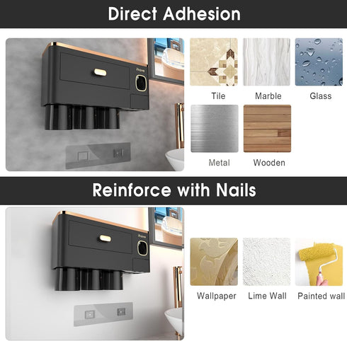 3 iHave Toothbrush Holders Wall Mounted with Toothpaste Dispenser & Cups - Luxury Black and Gold Design for Bathroom