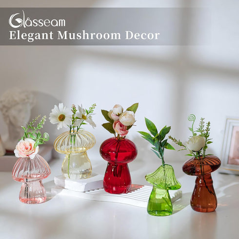 Set 5 Glasseam Mushroom Plant Propagation Stations: Cute Glass Terrarium Jar Propagation Vase of Hydroponic Planters